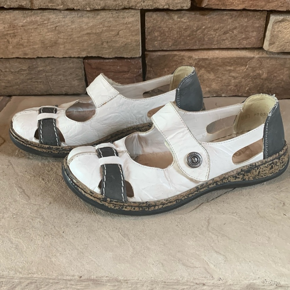 Rieker sz 38 white and dark blue/grey leather slip on shoes w/velcro closure